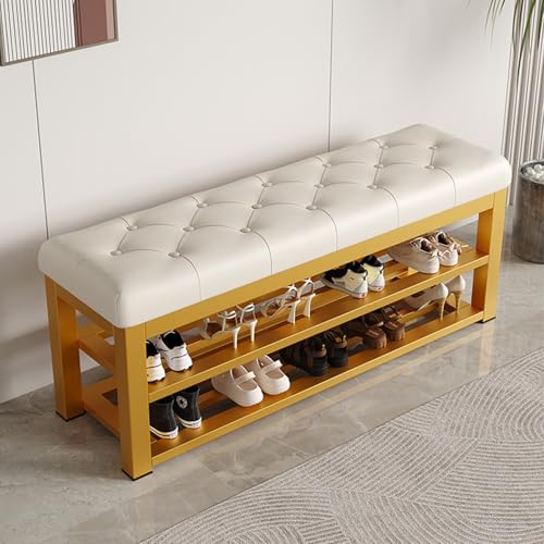 Banco de zapatos acolchado con marco de metal de 2 niveles, banco de entrada de piel sintética para dormitorio, sala de estar, pasillo, elegante dorado (27.5 pulgadas)