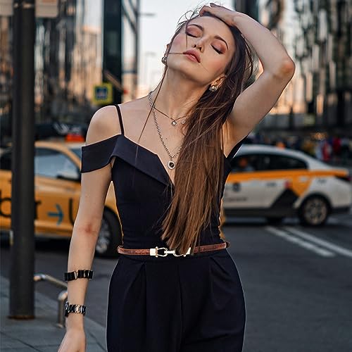 Generic 2pcs Skinny Waist Belt for Women, Adjustable Thin Leather Belt with Gold Buckle - Black, Brown4