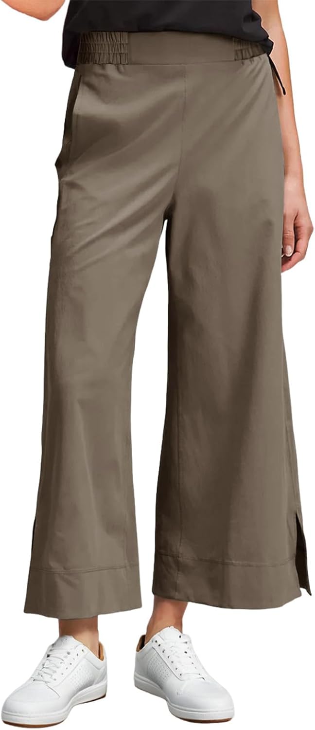 Dokotoo Womens Summer Lightweight High Waist Wide Leg Stretch Baggy Pants Casual Quick Dry Split Cropped Pants with Pockets