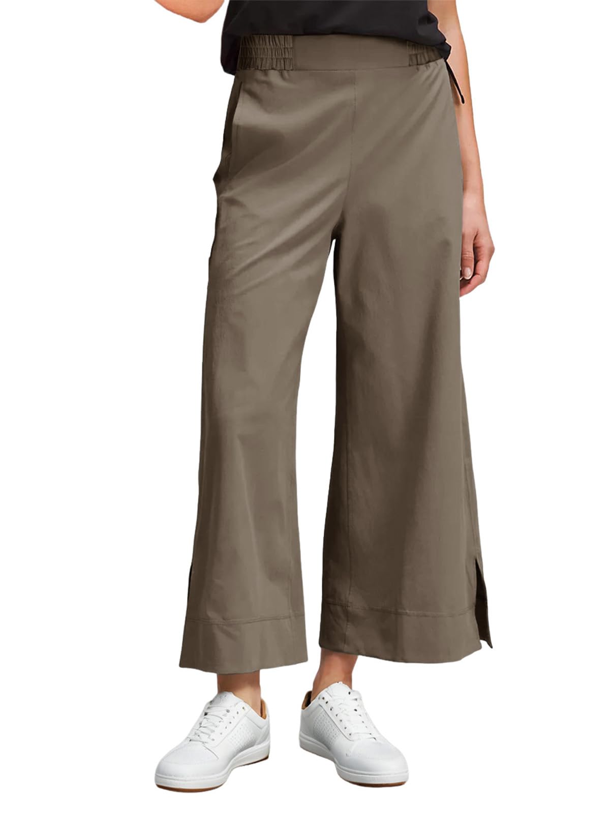 Dokotoo Womens Summer Lightweight High Waist Wide Leg Stretch Baggy Pants Casual Quick Dry Split Cropped Pants with