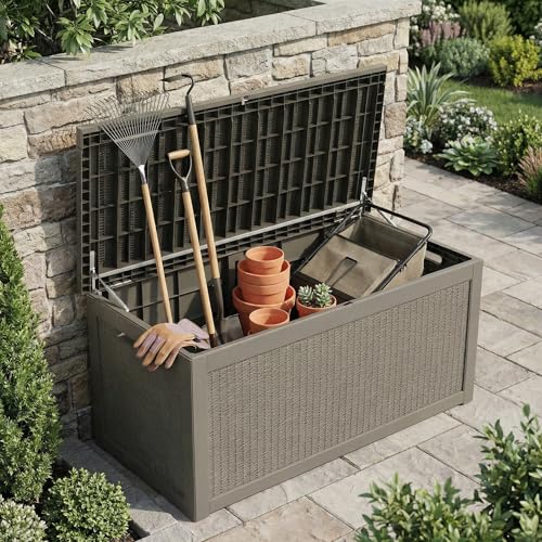 Image of 265 Gallon Resin Deck Box Outdoor Storage Chest, Large Waterproof Patio Storage Box, All-Weather Garden Storage Container for Cushions, Pool Supplies, Yard Tools - Easy Assembly, Lockable Lid