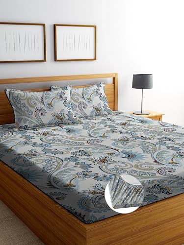 Image of DECORUM Glace Cotton Fitted 1 Bedsheet King Size (72 inchx78 inch) | All Around Elastic | Cotton Feel | 2 Pillow Covers (17 inchx27 inch) | Fits Up to 8 inch Mattress | 200-220 TC | Printed Double Bed Sheet Set