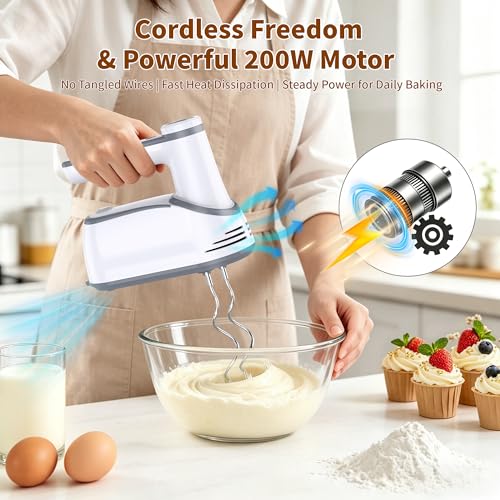 Image of binROC Cordless Electric Hand Mixer, 12-Speed Rechargeable Handheld Mixer with Eject Button, 6 Stainless Steel Attachments, Snap-On Storage Case, LED, Self-Stand for Baking, Cake, Dough, Egg (White)