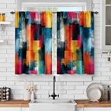 Jekeno Colorful Abstract Oil Painting Kitchen Curtain 2 Panels Set Vibrant Teal Blue Orange Pink Yellow Color Block Cafe Curtains Pop Art Graffiti Window Drapes for Dining Room Living Room(56x24 Inch)
