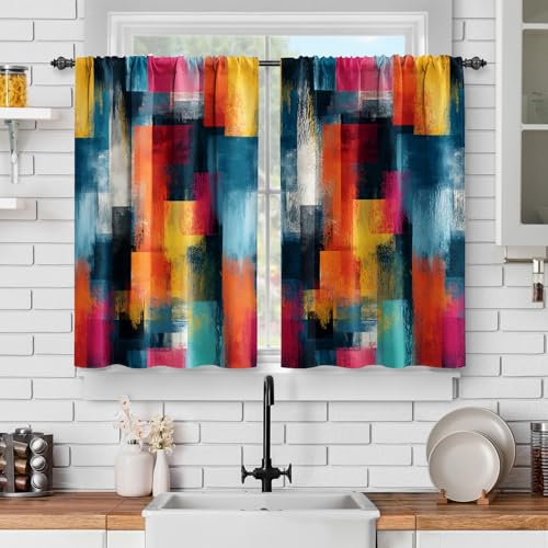 Jekeno Abstract Oil Painting Colorful Geometric Block Teal Kitchen Curtain