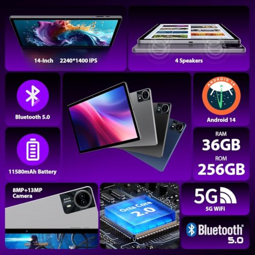 Image of 2026 Premium 14 inch Android Tablet: 2.5K IPS Display 36GB RAM 256GB ROM 1TB Expand | 8-Core 2.0HZ MT6769 Mali-G57 11580mAh Battery| 5G /2.4G WiFi Quad Box Speakers 8+13MP for Work Gaming Study-Silver