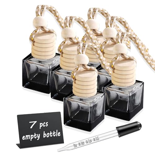 Image of 7 Pcs 8ml Hanging Car Air Freshener Diffuser,Empty Black Gradient Glass Essential Diffuser Oil Aromatherapy Fragrance Perfume Pendant Glass Vials with Wooden Caps (Square, 8ml)