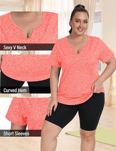 FOREYOND Plus Size Workout Tops for Women V-Neck Athletic Sport Short Sleeves Tops, Coral Orange, 2XL