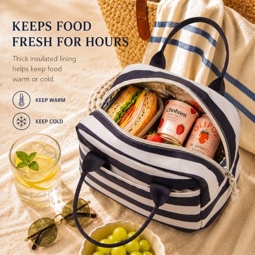 Image of LOVELYWIND Lunch Box for Women, Insulated Lunch Bag, Navy Stripe Tote