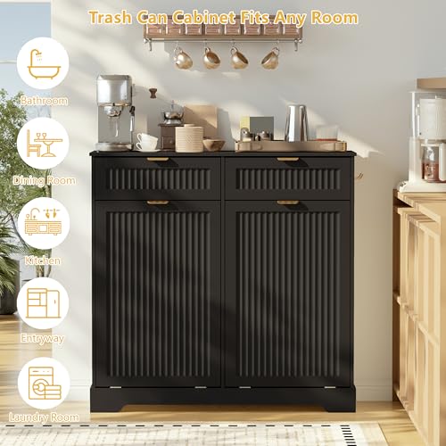Image of Double 13 Gallon Tilt Out Trash Can Cabinet,Garbage Cabinet with Drawer | Hidden Garbage Storage with Fluted Design, Drawer & Hooks for Kitchen, Dining Room and Small Space Organization,Black