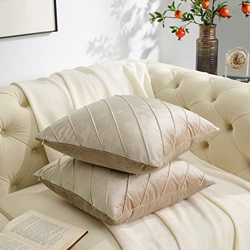 Image of GIGIZAZA Decorative Velvet Pillow Covers 18x18 , Set of 2 Champagne Sofa Couch Throw Pillows Covers Cases , Living Room Square Cushion Accent Stripe Covers