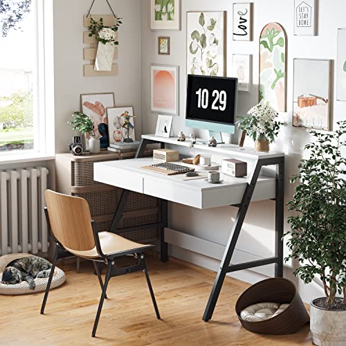 Cubicubi Computer Desk With 2 Storage Drawers, Home Office Writing Desk, Study Table For Small Space, (White, Monitor Stand) #TOP1