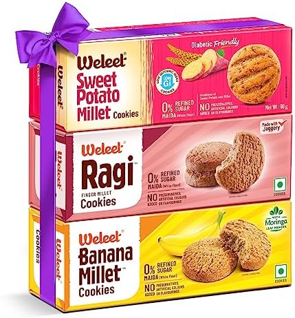 Weleet Assorted Pack Of Sweet Potato Millet, Ragi & Banana Unflavoured Cookies, | Home/Office Snack | Free Of White Sugar & White Flour | 100% Natural & Healthy(3 Flavours-270 Gm)