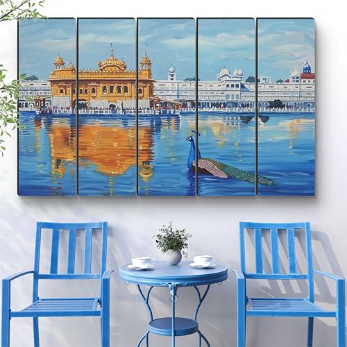 Image of Livin'luxe Golden Temple Wall Painting | 5 Panel Framed Wall Art with Peacock and Water Reflection | Sikh Religious Art for Living Room, Pooja Room, Spiritual Gift, Home Decor (50 x 30 Inch) XL-35431