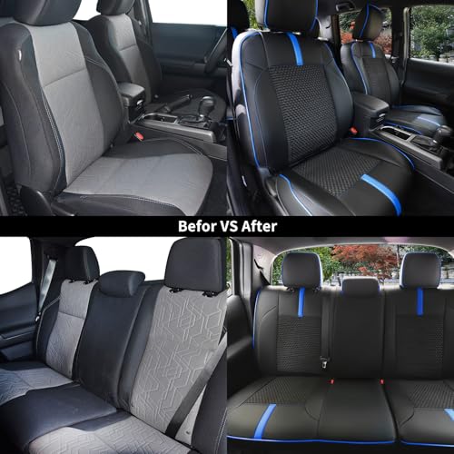 Image of Seat Covers Custom Fit for Toyota Tacoma 2016-2023 3rd Gen Double & Crew Cab SR,SR5,Limited,TRD Pro,TRD Sport, TRD Off-Road,Full Coverage Breathable Leather Seat Covers (Full Set,Blue Black)