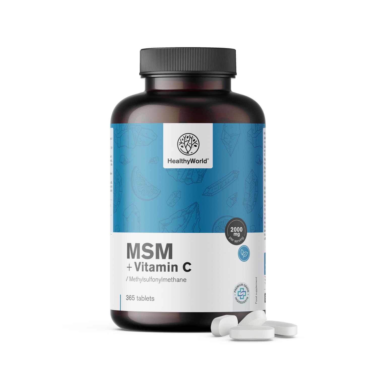 HealthyWorld MSM 2000 mg - Mit Vitamin C - 365 Tabletten - 6 Monate Vorrat - Hohe Konzentration - 2000 mg pro Tagesdosis - Vegetarisch - Ohne Zusätze - Schönheitsmineral