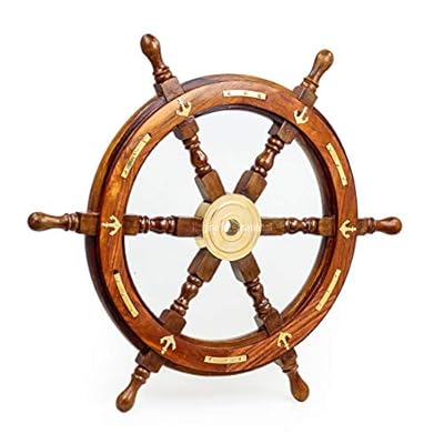 Nagina International Natural Wood Handcrafted Ship Wheel with Inlayed Brass Anchor and Rippets| Ocean Maritime Navy… 51OcYmRsNML. SS400