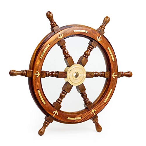 Nagina International Natural Wood Handcrafted Ship Wheel with Inlayed Brass Anchor and Rippets Ocean Maritime Navy Decor (72 Inches)