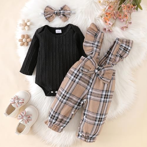 Baby Girl Clothes Newborn Suspender Overalls Long Sleeve Ribbed Romper Fall Winter Outfits Bow Headband 0-18 Months2