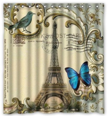 FMSHPON Fashion blue butterfly Eiffel Tower WaterProof Polyester Shower Curtain 66 x 72 Inches