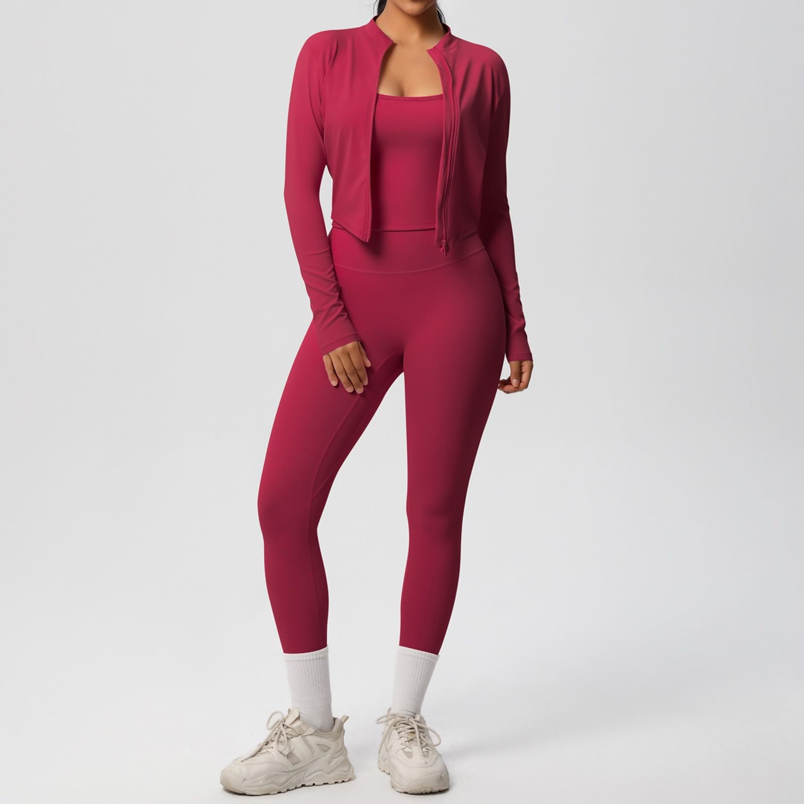 Set sportivo da donna, 3 pezzi, con giacca sportiva, leggings + reggiseno sportivo, per fitness, yoga e pilates, allenamento sportivo, tinta unita