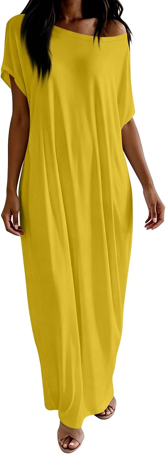 Casual Dresses for Women Off the Shoulder Short Sleeve Long Tshirt Dress with Pockets Summer Batwing Lounge Dress