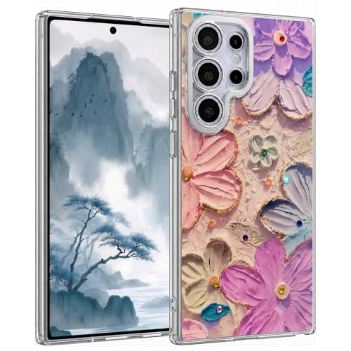 Image of VONZEE Samsung Galaxy S24 Ultra 5G Case, Laser Flower Oil Painting Design, Cute Colorful Blue Ray Bumper Full Camera Protection, Shockproof PC+TPU Glossy Shiny Protective Cover for Women & Girls, Pink