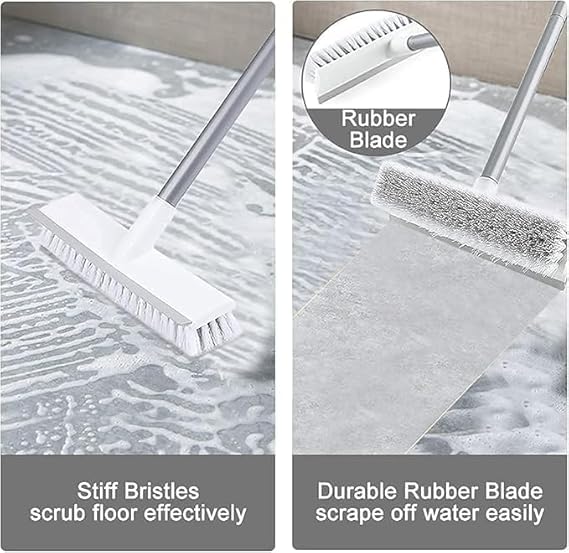 Image of Plastic 2 in 1 Bathroom Cleaning Brush with Wiper, Tile Cleaner Brush, Long Handle, White