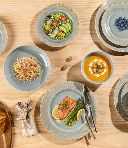Image of TheTerra Stoneware Dinnerware Sets for 4, 12 Pieces Ceramic Plates and Bowls Sets, Scratch Resistant Embossed Dish Set, Oven, Microwave & Dishwasher Safe, Desert Sage