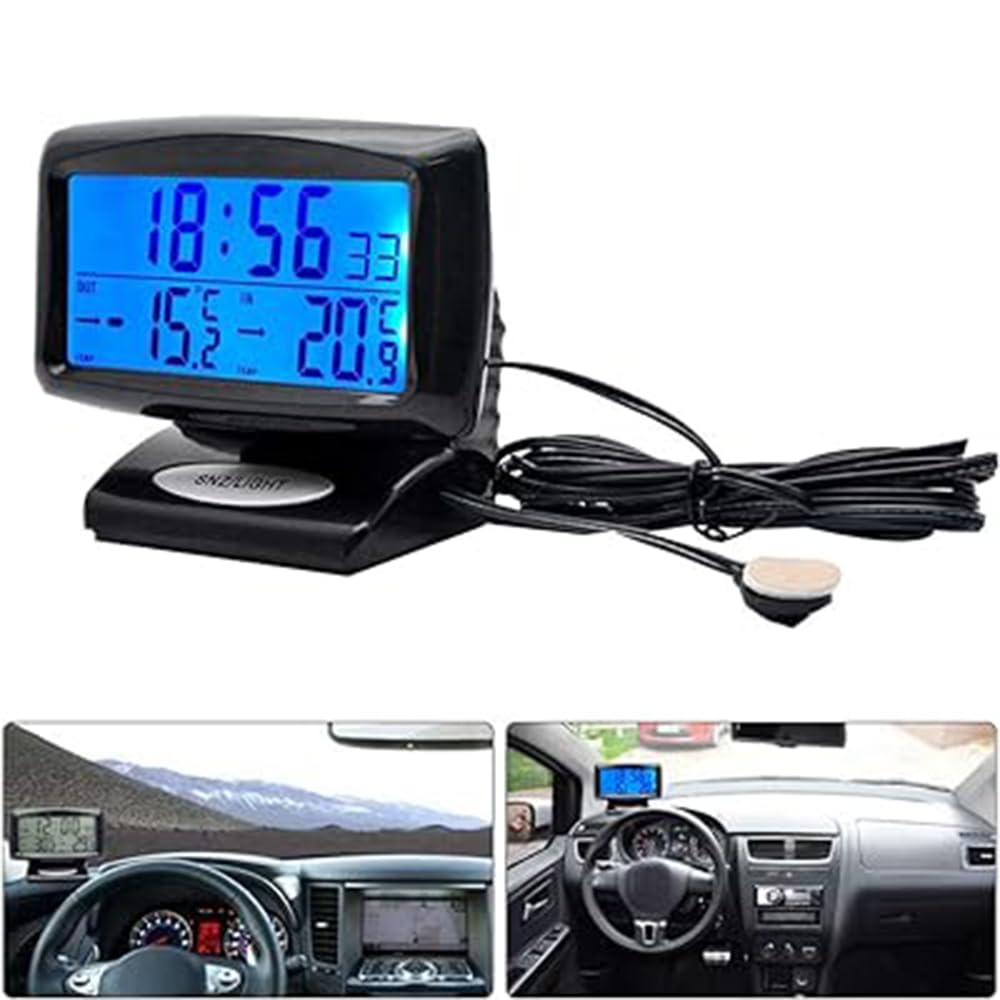 Riloer Thermomètre d'horloge de voiture, Horloge voiture numérique 2 en 1 et Themp avec écran LED pour voiture intérieur extérieur maison