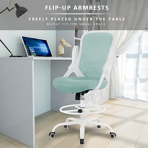 Image of HYLONE Drafting Chair Tiffany Blue, Tall Office Chair Standing Desk Stool with Adjustable Height, Foot Ring, Flip-Up Arms, Mesh High-Back Office Chair, White