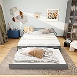 LUSPAZ Twin to King Size Daybed with Trundle and Headboard, Modern Simple Design Platform Bed with Wooden Slat, No Box Spring Needed, Easy Assembly, for Apartment, Bedroom, for 3 People, Gray