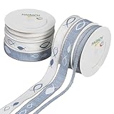 Halbach Seidenbänder Premium Taufe Geschenkband Set | 6 Rollen bedruckte Geschenkbänder mit Fisch Muster | Für das Gastgeschenk zur Taufe, Kommunion oder Konfirmation