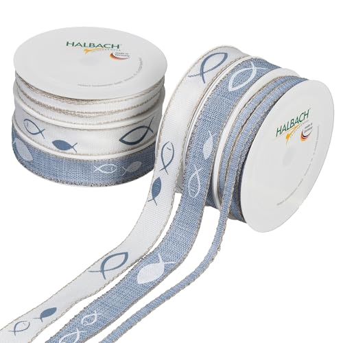 Halbach Seidenbänder Premium Taufe Geschenkband Set | 6 Rollen bedruckte Geschenkbänder mit Fisch Muster | Für das Gastgeschenk zur Taufe, Kommunion oder Konfirmation