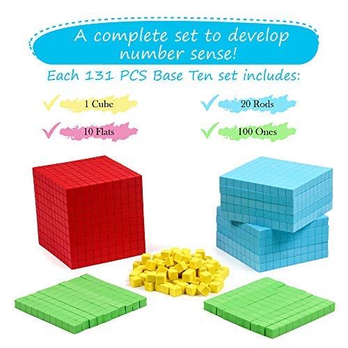 Simply Magic 131 PCS Foam Base Ten Blocks for Math - Place Value Blocks, Base 10 Math Manipulatives K-3, Math Counters, Number Blocks, Math Cubes, Kids Counting Blocks, Kindergarten 1st 2nd 3rd Grade