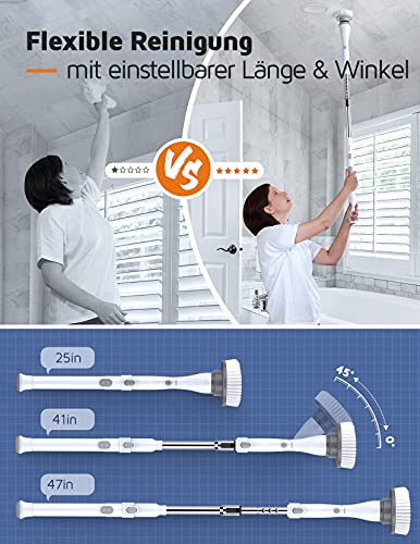 Homitt elektrische Reinigungsbürste, Spin Scrubber schnurlos, mit 4 Bürstenköpfe und Verlängerungsstange, Multifunctional Bürste Schrubben aufladbar, für Ecken, Badzimmer, Toilette, Fliesenreinigung