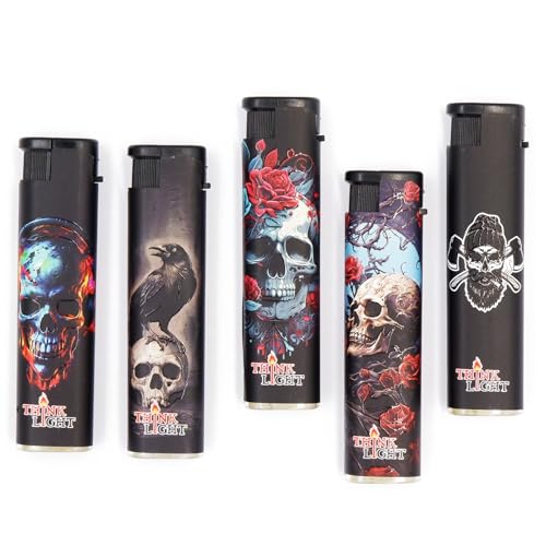 Image of Windproof Jet Flame Refillable Combo Pack of 5 Cigarette Lighter Pocket Lighter (Skull-Design Black)