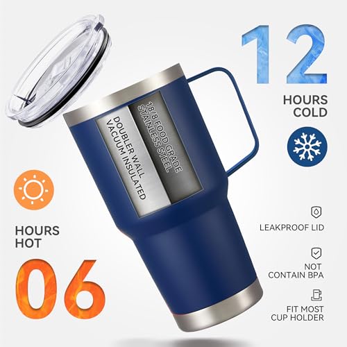 Image of 30 oz Stainless Steel Tumblers Bulk with Handle and Lid, 8 Pack | Powder Coated, Double Wall Vacuum Insulated, Leak Proof Lid, Keep Drinks Cold and Hot, for office, party, camping, Navy