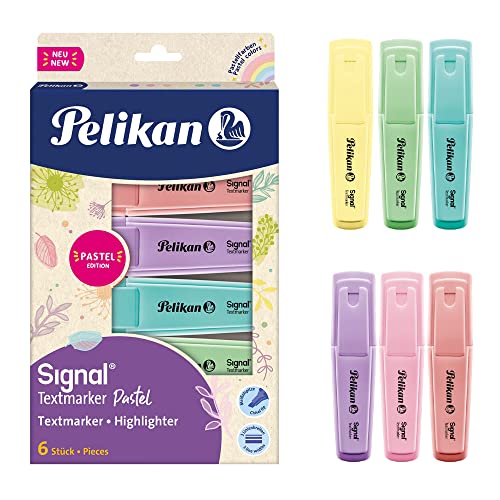 Pelikan Signal Pastel, Subrayadores de Colores Surtidos, a Base de Agua, Lavables, Aptos Para el Contacto con la Piel, Paquete de 6