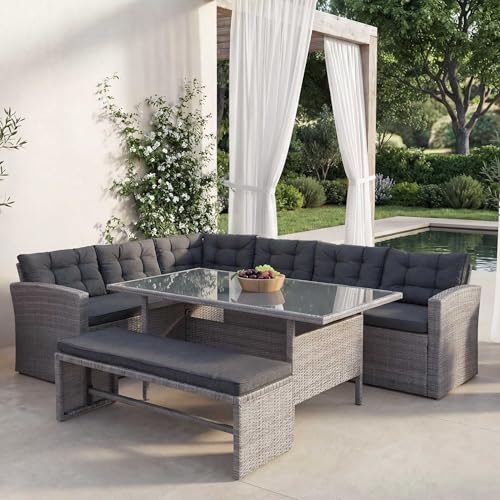 Mendler Poly-Rattan-Garnitur HWC-A29, Gartengarnitur Sitzgruppe Lounge-Esstisch-Set Sofa + Bank - grau, Kissen grau