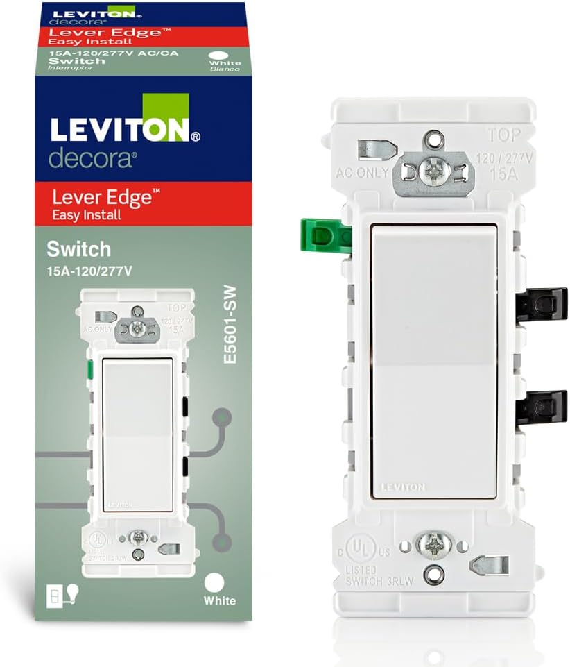 Lever Edge 15 Amp Single Pole Rocker Switch, E5601-SW, White