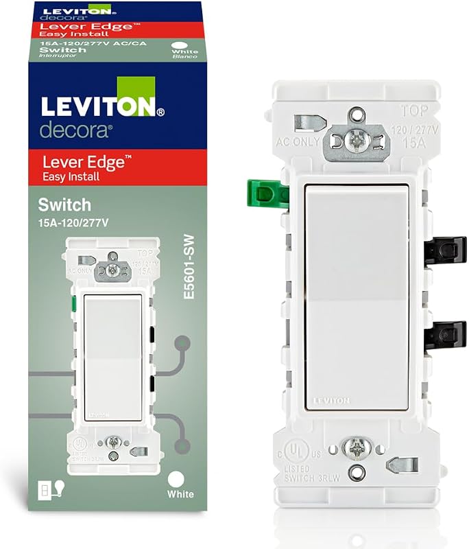 Lever Edge 15 Amp Single Pole Rocker Switch, E5601-SW, White