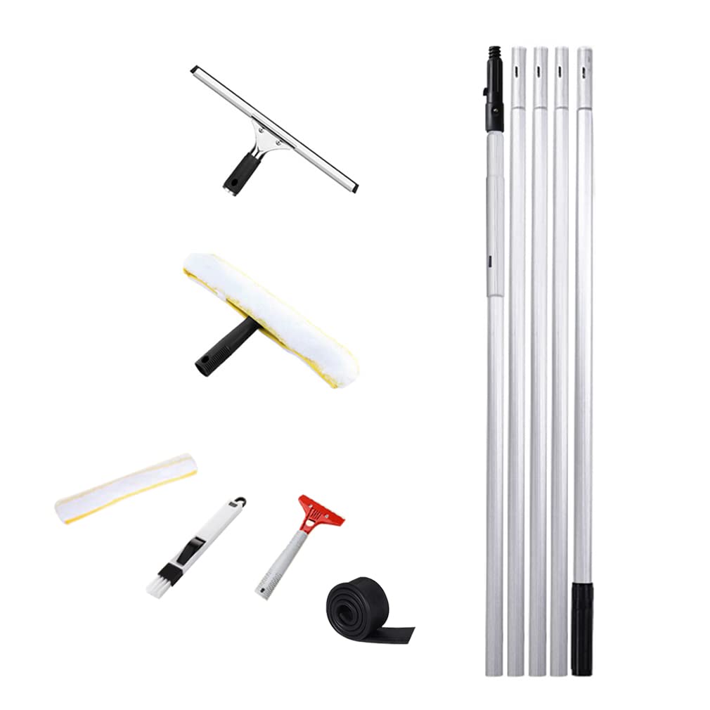 MQZHUK Window Squeegee Cleaner with Microfiber Scrubber Window Squeegee Cleaner 1.4m/2.4m/3.4m/4.4m/5m/6m Long Window Cleaning Pole lightweight aluminum alloy Floor Squeegee with Long Handle (5m)