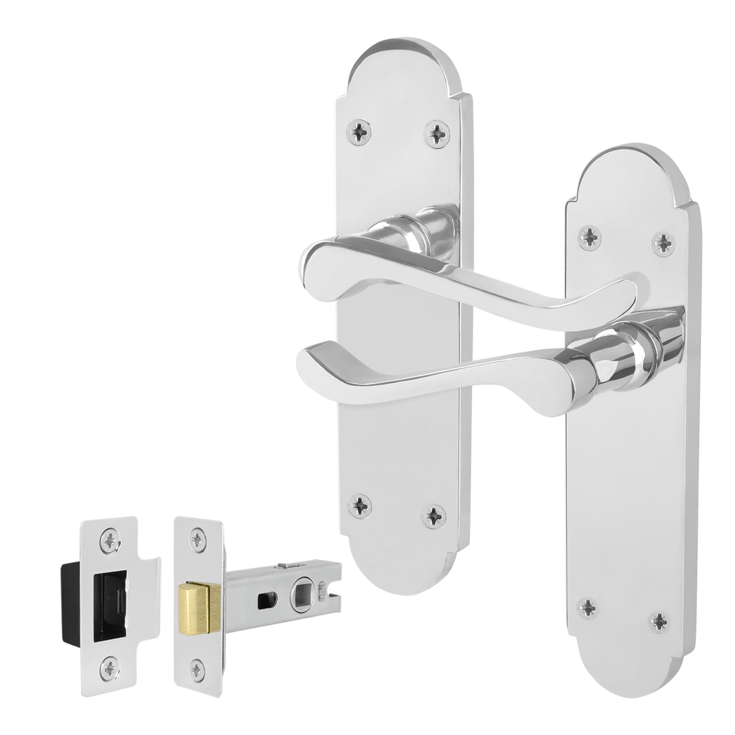EAI Chrome Victorian Door Handles with Latch, 1 Pair Internal Polished Chrome Victorian Scroll Shaped Backplate, Latch 64mm