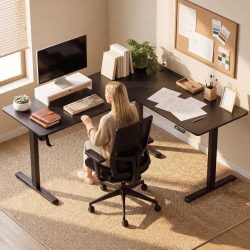 Image of Furmax 63 x 55 Inch L Shaped Standing Desk with 2 Preset Heights, Electric Height Adjustable Computer Table, 2 Hooks & Feet Balance, Corner Sit Stand Desk for Home Office (Black, 63 x 55 Inch)