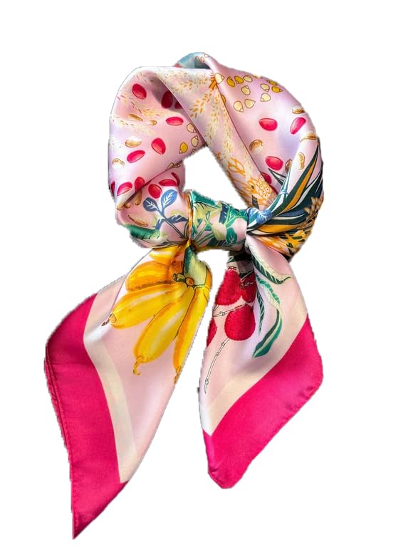 Tropical Floral Silk Neck Scarf | Pink Fruit Print, Versatile Fashion Accessory for Women - Lightweight & Soft2
