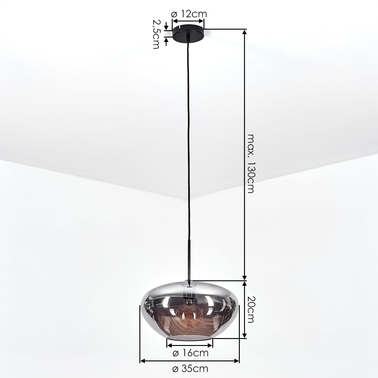HOFSTEIN Hängeleuchte Mertola, 1-flammige Hängelampe aus Metall/Glas in Schwarz/Rauchfarben, moderne Pendelleuchte im Retro/Vintage-Design, Ø 35 cm, E27, Esszimmer, Küche, Wohnzimmer