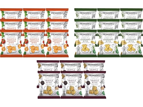 Primadeli - Taste Adventure - Tomato & Oregano Bites, Truffle Bites, Rosemary Bites - Vegan - (Variety Box) - 25g x 24 bags