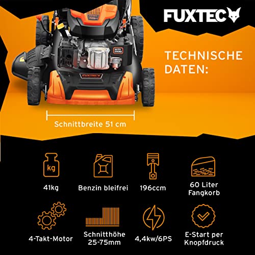 FUXTEC 4u1 benzinska kosilica za travu FX-RM5196eSPRO s električnim pokretanjem i podesivim vlastitim pogonom, vrtna kosilica uključujući prednji branik, širina rezanja 51 cm, veliki kotači s kugličnim ležajevima, košara za skupljanje trave od 60 L