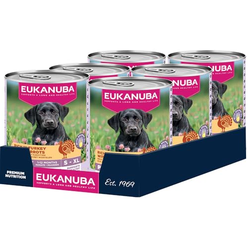 Eukanuba Welpenfutter Nass mit Pute und Karotte, Getreidefreies Premium Nassfutter für Junior Hunde, 6 x 400 g Dosen